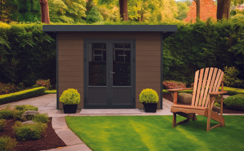 Mistral composite shed featuring a skillion roof, double smoked glass doors and wood grain cladding