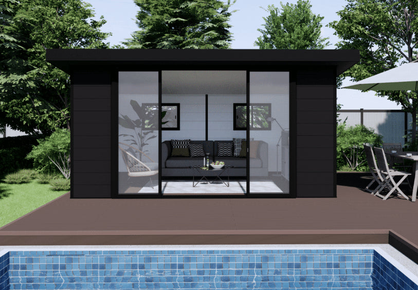 Oasis cabana with black vertical cladding and integrated pool lounge area.