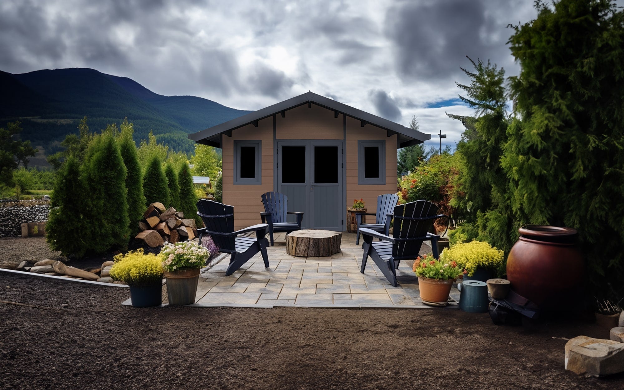 Dual Pitched Walnut Brown shed with double doors in mountain setting